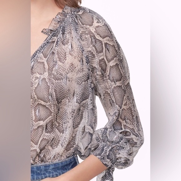 Rebecca Taylor Long-Sleeve Metallic Snake Print Tie Cuff Blouse Sz. 6 - Picture 13 of 13
